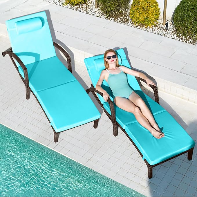 Chaise Lounge Chairs Outdoor Set of 2, Comfy Outside Wicker Patio Pool Lounge - Image 2