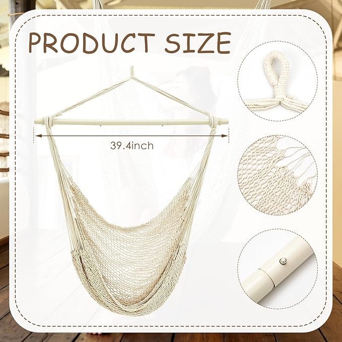 Barydat 2 Pcs Hanging Hammock Chair Boho Swing Chair Indoor Outdoor Cotton Rope - Image 2