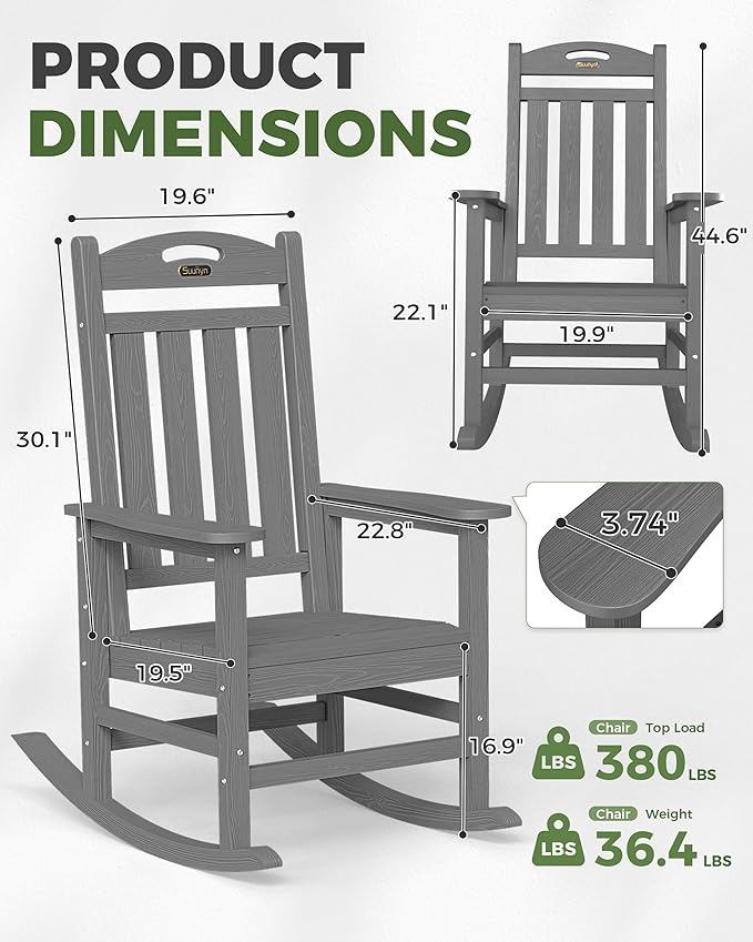 Oversized Outdoor Rocking Chairs Set of 2, High Back Porch Rocker Chair - Image 3