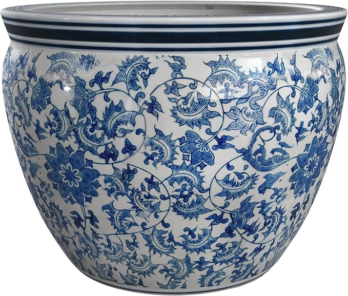 Red Lantern Large 18" Porcelain Fishbowl Blue & White Floral Planter or Cachepot - Image 6