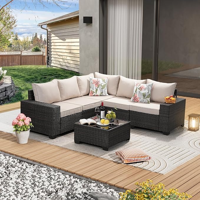 6 Pieces Patio Furniture Set All-Weather Outdoor Wicker Sectional Conversation by JOYURE