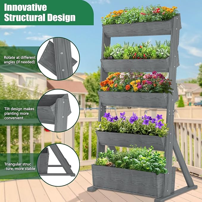 SUNYRISY 5 Tiers Vertical Raised Garden Bed Outdoor Planter Tower, Wooden - Image 2