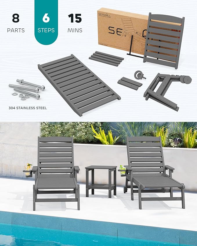 SERWALL Patio Chaise Lounge Chair, Poly Lounge Chair - Image 6
