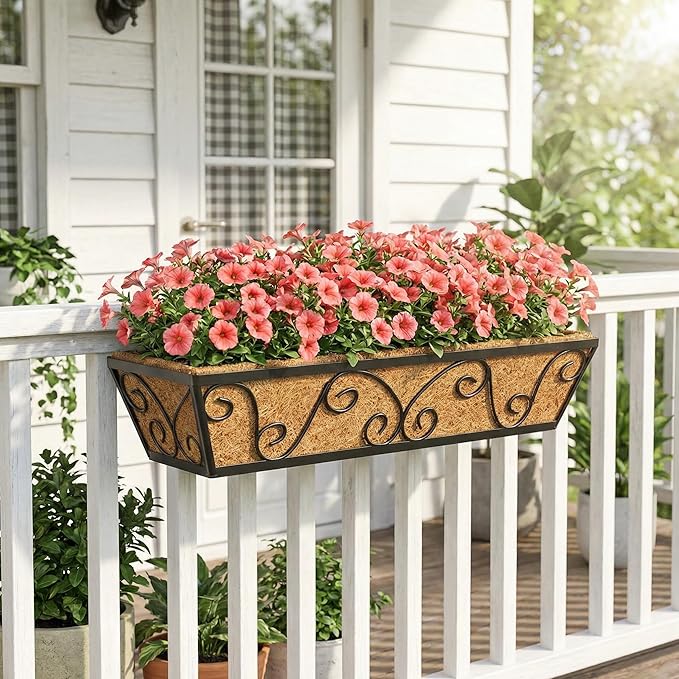 Y&M 24 Inch Window Deck with Coco Liner, Fence Metal Hanging Flower Planter - Image 9