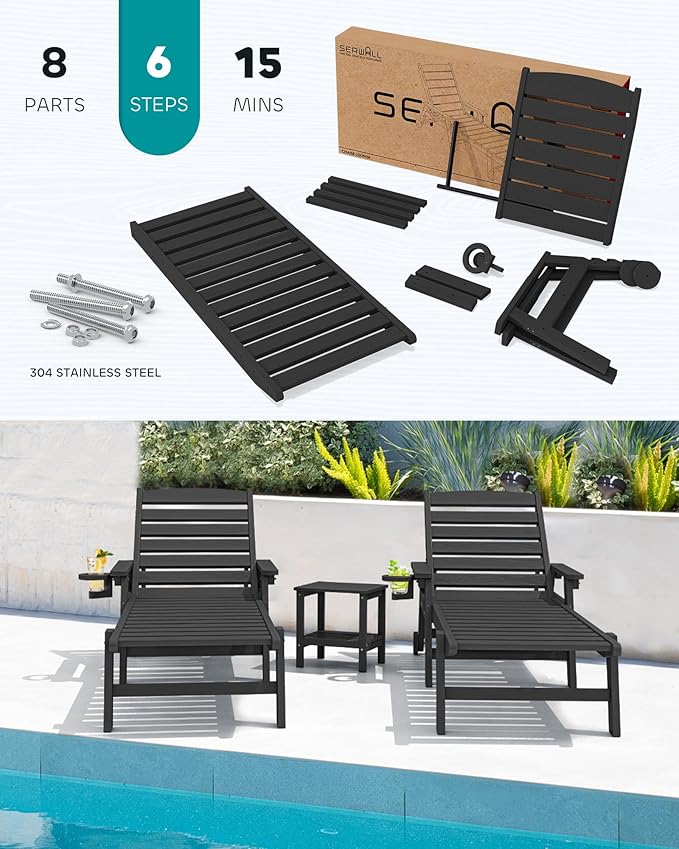 SERWALL Patio Chaise Lounge Chair Set of 6, 5 Positions Adjustable Poly Outdoor - Image 5