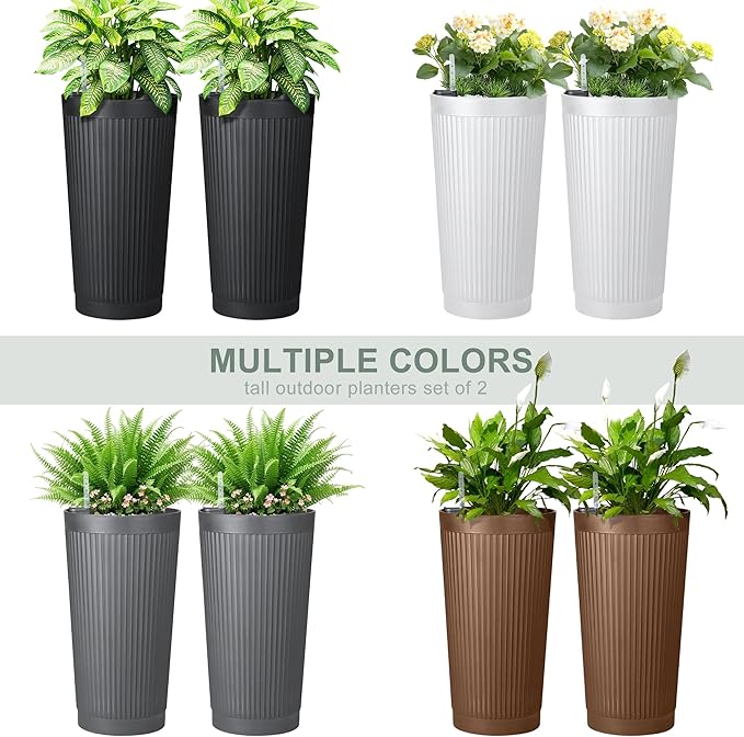 24” Tall Outdoor Planters Set of 2, Self Watering Flower Pots White Planters - Image 8