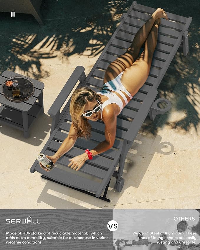 SERWALL Patio Chaise Lounge Chair, Poly Lounge Chair - Image 2