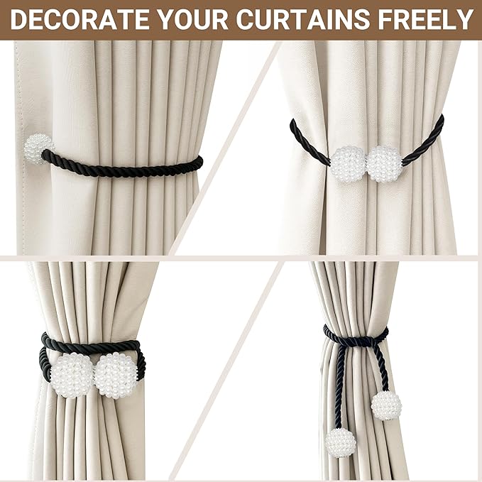 Hion Magnetic Curtain Tiebacks Black 6 Pack, Curtain Tiebacks Buckles Holdbacks - Image 5