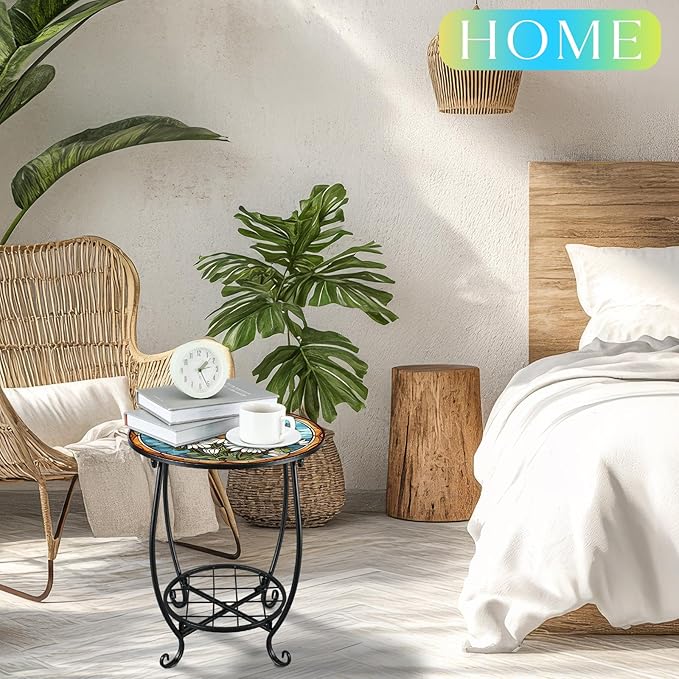 Outdoor Side Table Round Small Mosaic Patio Accent Indoor End Plant Coffee Tea - Image 5