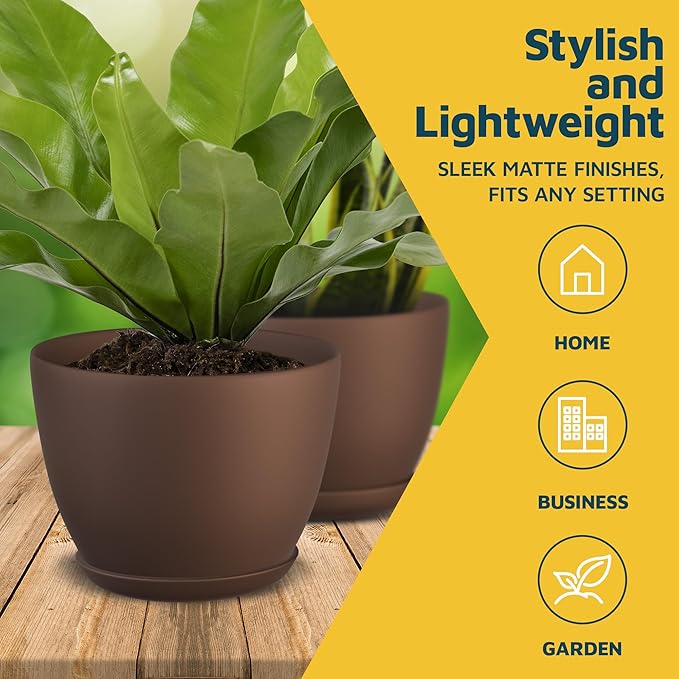 Brown Plant Pots with Drainage Holes & Saucers 3 Pack, Indoor & Outdoor - Image 3
