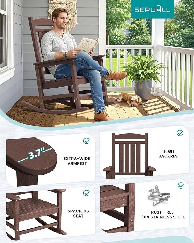 SERWALL HDPE Outdoor Rocking Chair Set of 4, Oversized Patio Rocking Chairs - Image 7