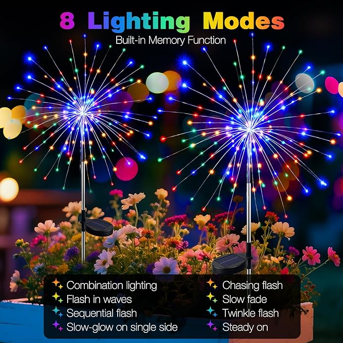 btfarm 4 Pack 120 LED Solar Garden Lights Outdoor, 8 Modes Firework Lights - Image 4