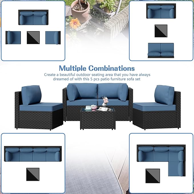 Shintenchi 5 Pieces Outdoor Patio Sectional Sofa Couch, PE Wicker Furniture Sets - Image 2