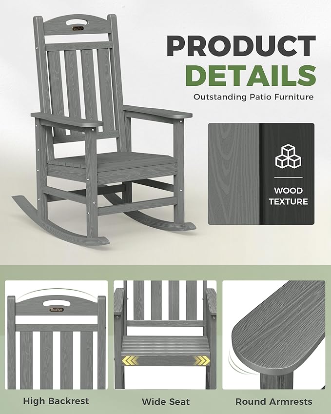 Oversized Outdoor Rocking Chairs Set of 2, High Back Porch Rocker Chair - Image 6