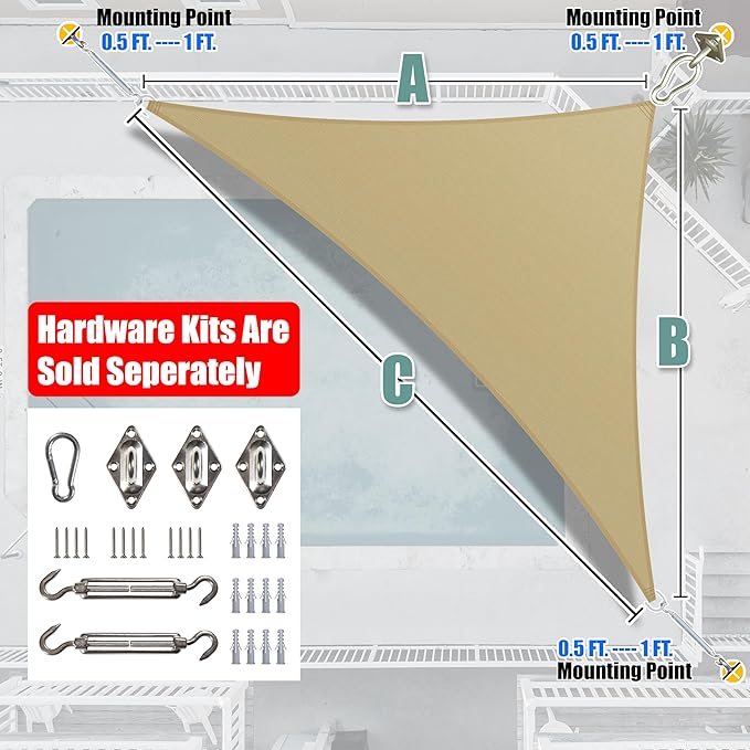 Amgo 12' x 12' x 17' Beige Right Triangle Sun Shade Sail UPF50+ Canopy Awning - Image 8