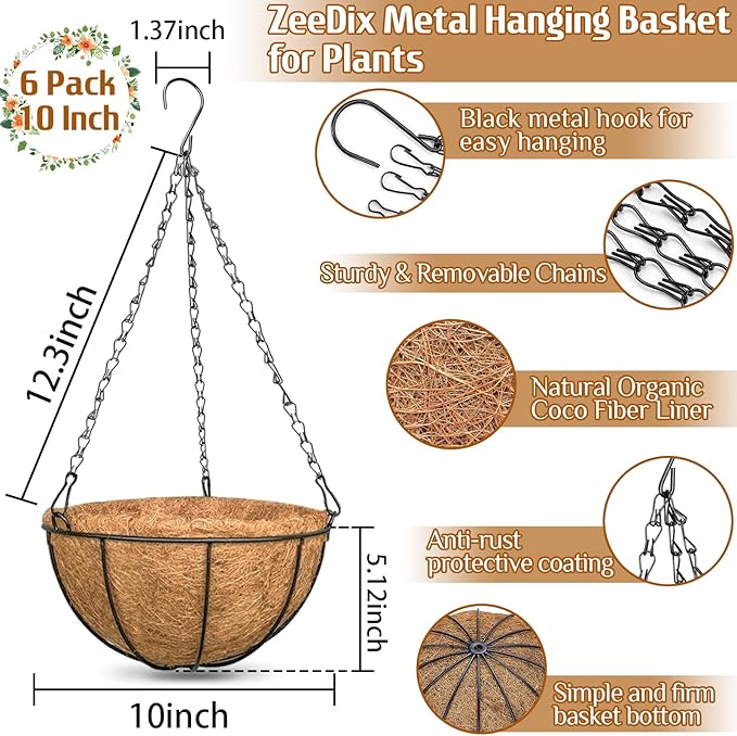 ZeeDix 6 Pack 10 Inch Metal Round Hanging Planter Basket - Image 2