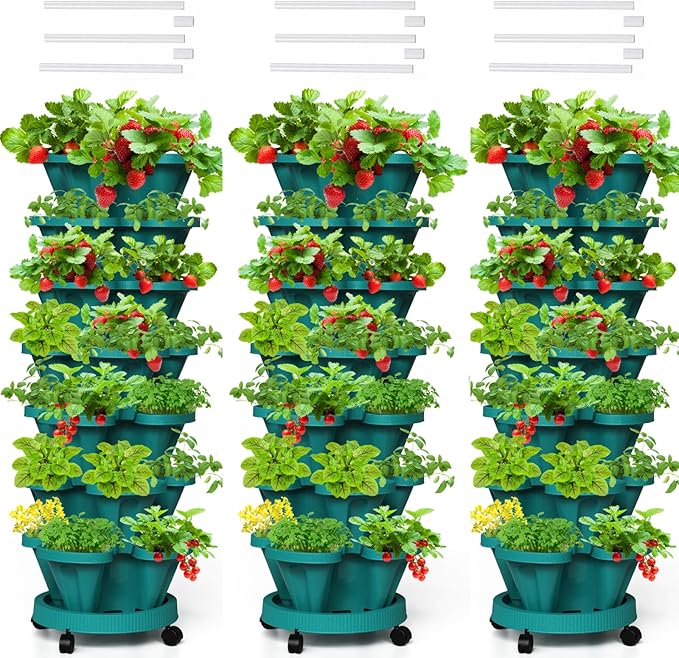 Strawberry Vertical Planters Tower Garden 3 Pack, 7 Tiered Stacking Herb by Tectsia