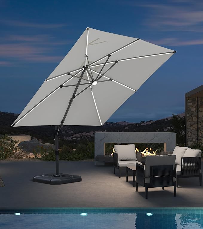 PURPLE LEAF 10 Feet Patio Umbrella Outdoor Cantilever Solar Powered LED Square by PURPLELEAF