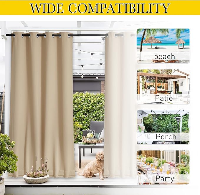 NICETOWN 2 Panels Outdoor Patio Curtains Windproof & Waterproof, Top & Bottom - Image 7