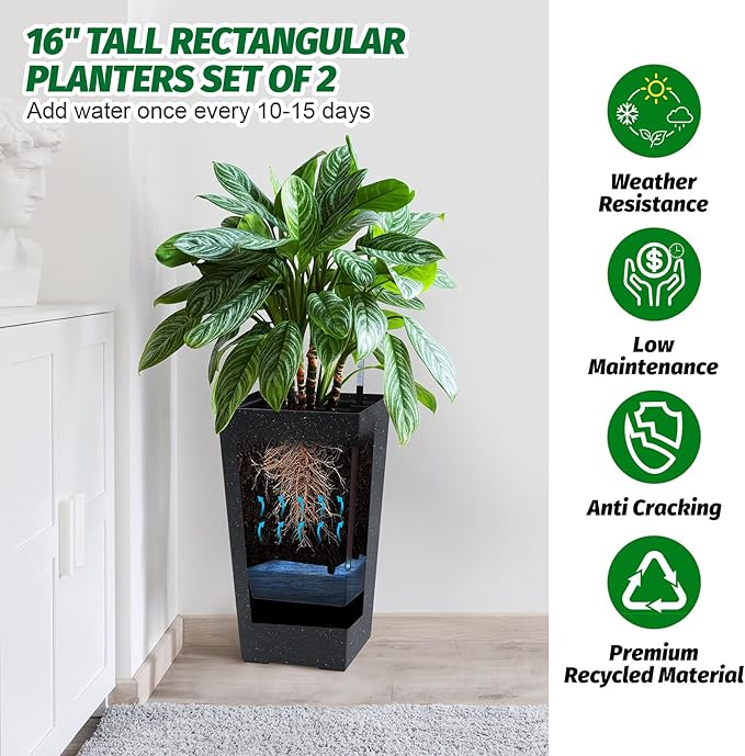 GarveeLife 22.5" Tall Planters Set of 2, Outdoor&Indoor Black Planter Pots - Image 2