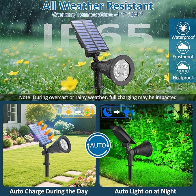 T-SUNUS Green Solar Landscape Spot Lights 4 Pack, IP65 Waterproof Garden - Image 4