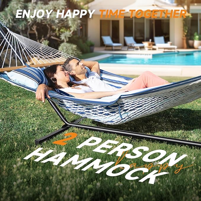 2 Person Outdoor Hammock with Stand, Cotton Rope Hammock with Polyester Pad - Image 2