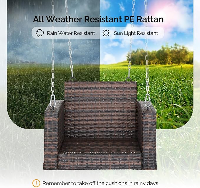 VINGLI 2.2 FT 1-Person Use Rattan Porch Swing Outdoor Support 440 LBS - Image 5