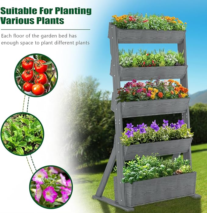SUNYRISY 5 Tiers Vertical Raised Garden Bed Outdoor Planter Tower, Wooden - Image 5