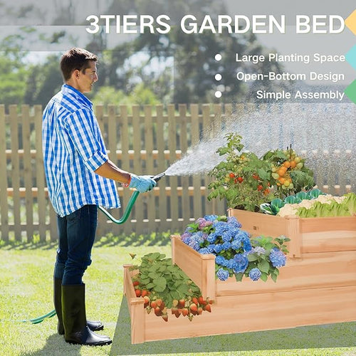 3-Tier Raised Garden Bed with Fabric Liner, Wood Elevated Planter Box with - Image 2