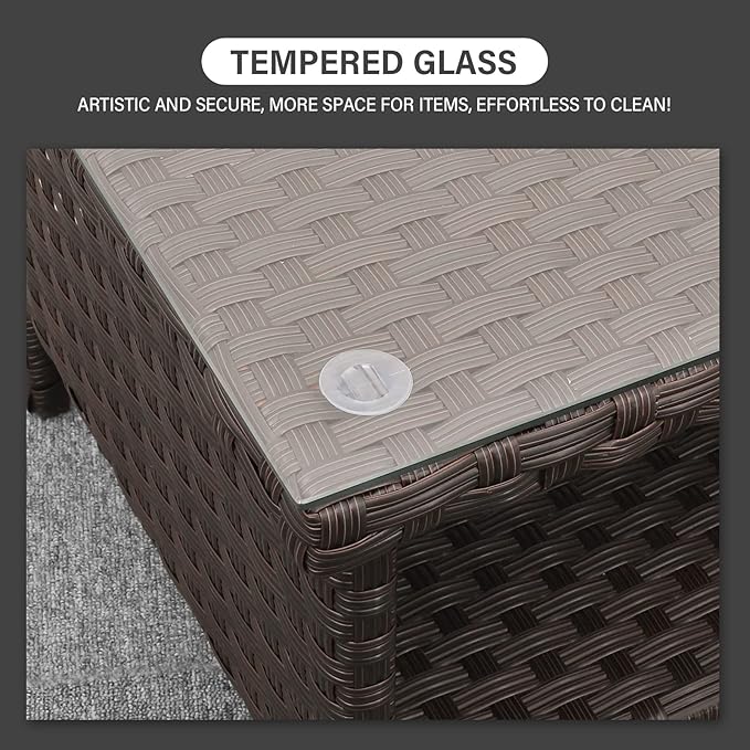 Outdoor Wicker Coffee Table Patio Furniture Garden Rattan 2-Layer Glass Table - Image 7