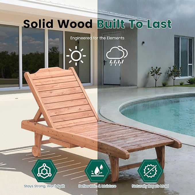 Wooden Chaise Lounge Chair, 3-Position Adjustable Outdoor Tanning Chair - Image 6