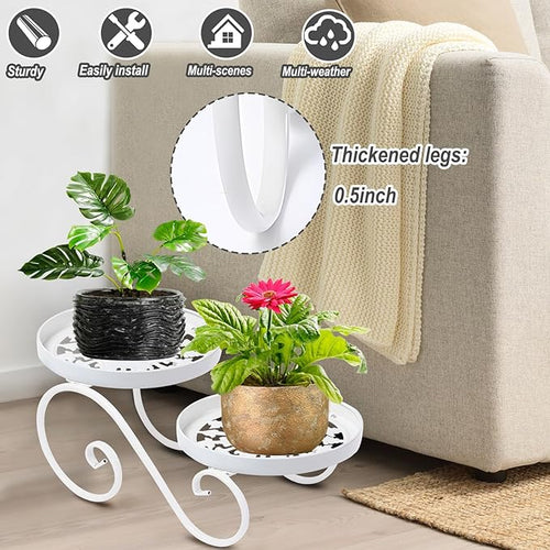 2 Tier White Plant Stand, Metal Flower Stand Indoor Outdoor, Anti-Rust Iron - Image 2