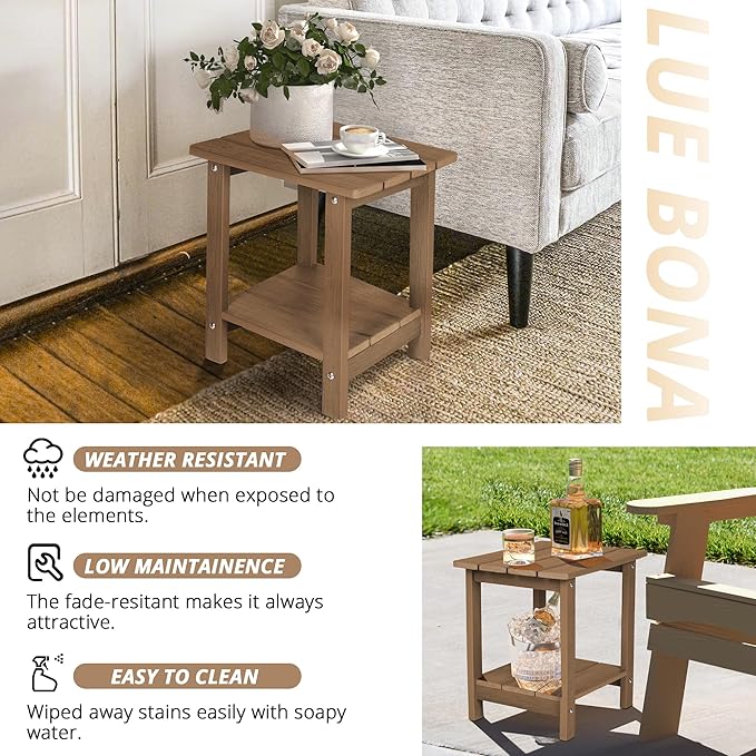 LUE BONA Adirondack Outdoor Side Table, 2-Tier Brown-Oil HDPS Patio End Table - Image 6