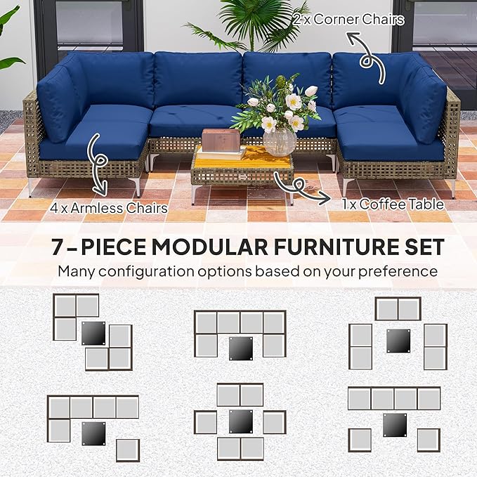 Outsunny 7 Piece Wicker Patio Furniture Set, Modular Outdoor Sectional - Image 4