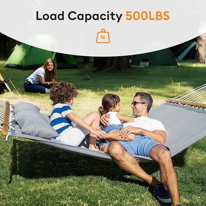 Double Hammock with Spreader Bar & Pillow, Portable 500lbs Capacity - Image 2