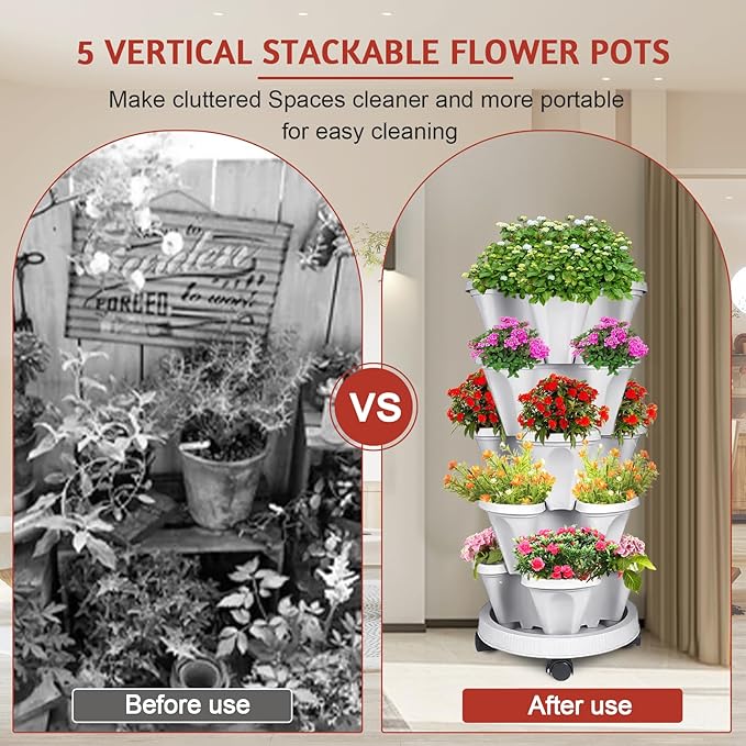 Vertical Strawberry Planter-5 Tier Stackable Herb Tower Planters Stacking - Image 3