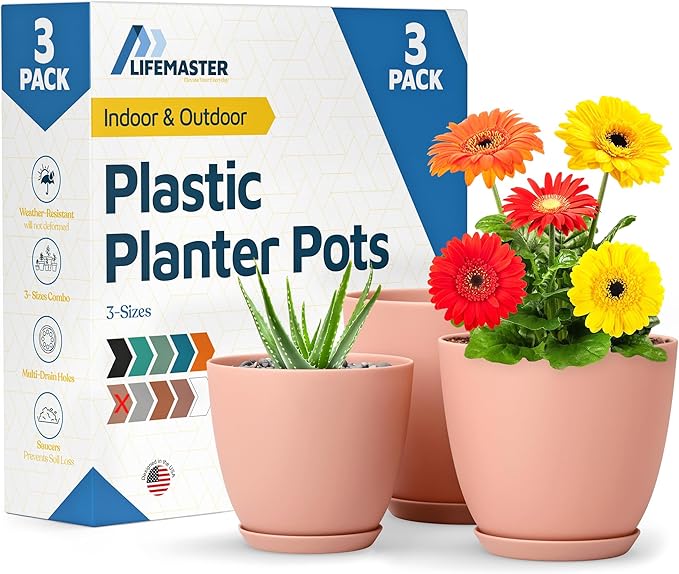 Pink Plant Pots with Drainage Holes & Saucers 3 Pack, Indoor & Outdoor by LIFEMASTER