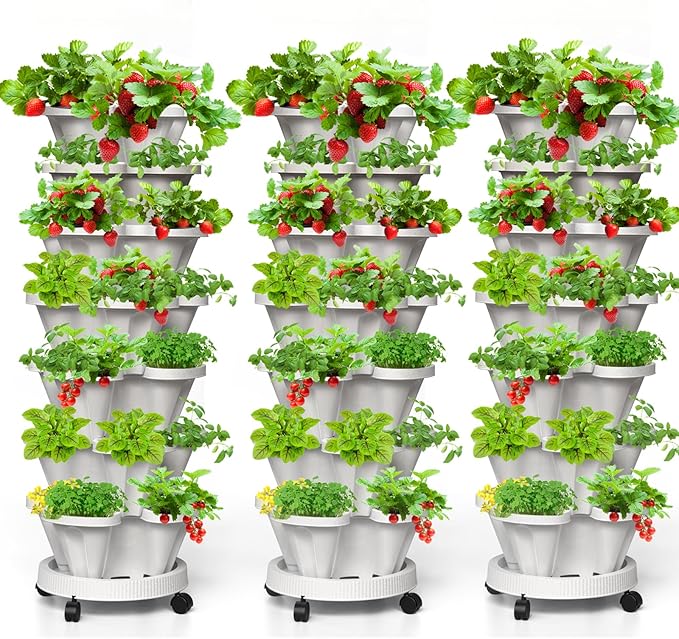 7 Tiered Strawberry Vertical Planter Tower Garden 3 Pack, Stackable Planter by Tectsia