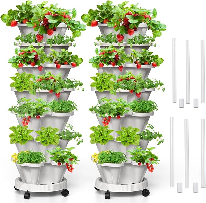 7 Tiered Strawberry Vertical Planters, 2 Pack Stacking Tower Garden by Tectsia