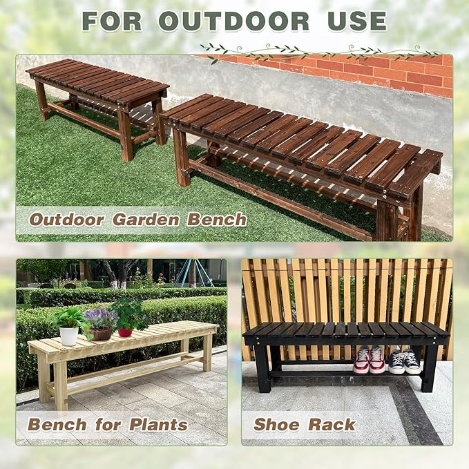 Outdoor Garden Bench, 2-Person Wood Patio Bench Weatherproof Outdoor Backless - Image 6