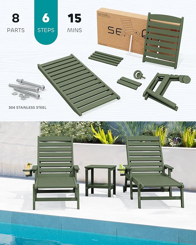 SERWALL Patio Chaise Lounge Chair Set of 2, Poly Lounge Chair - Image 6
