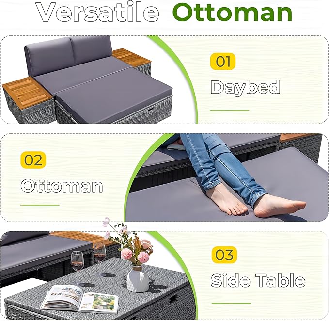 Greesum Outdoor Daybed Set Multifunctional Wicker Lounge Bed Furniture - Image 5