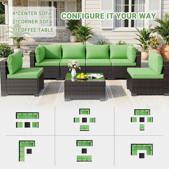 LEVELEVE 7 Pieces Outdoor Patio Furniture Sets, Rattan Conversation Sectional - Image 3