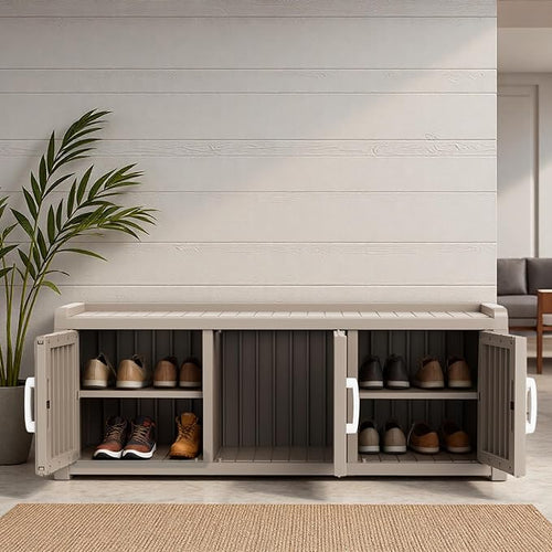 3 Doors Shoe Bench, Waterproof & UV-Resistant, Resin Shoe Cabinet Indoor & - Image 2