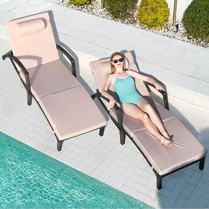 Chaise Lounge Chairs Outdoor Set of 4, Comfy Outside Wicker Patio Pool Lounge - Image 2