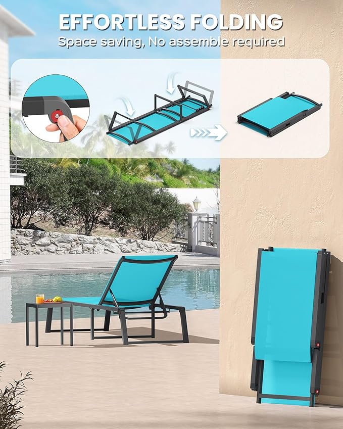 Aluminum Chaise Lounge Chair Outdoor, Foldable & Assembly Free Patio Pool - Image 3