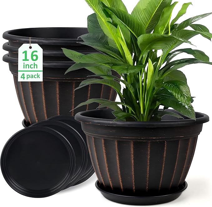 FGstyle 4 Pack 16 inch Plant Pots, Retro Vertical Stripe Planters by FGstyle