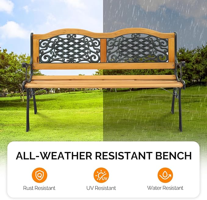 VINGLI Classic Cast Iron & Teak Arched Back Rectangular Outdoor Bench, 470 lbs - Image 6