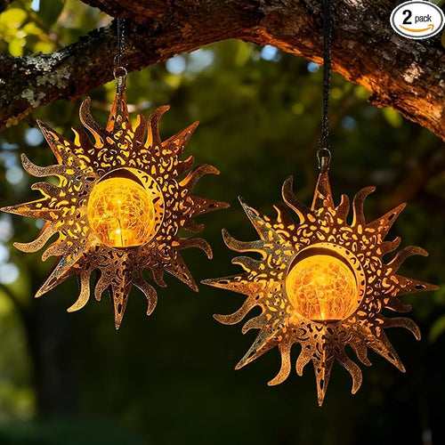 2 Pack Garden Decor Hanging Lanterns Outdoor Waterproof, Solar Lights Metal Sun by Amugmilk