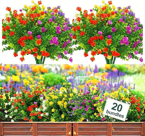 20 Bundles Artificial Flowers Outdoor Fake Plants, UV Resistant No Fade Faux by YIBUKIY